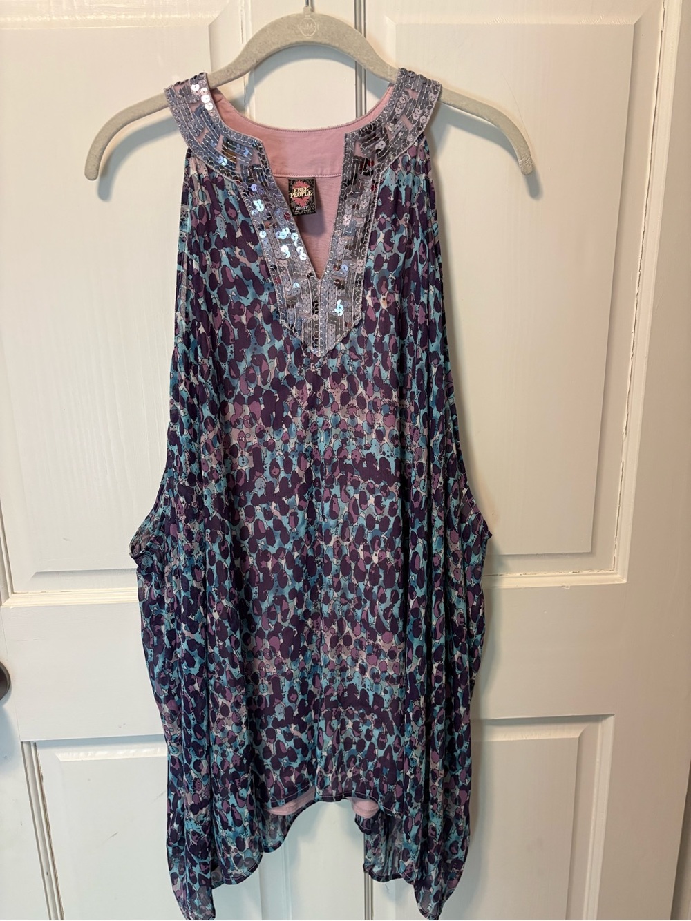 Free People sheer chiffon sequin tank tunic top blouse purple blue xs x- small